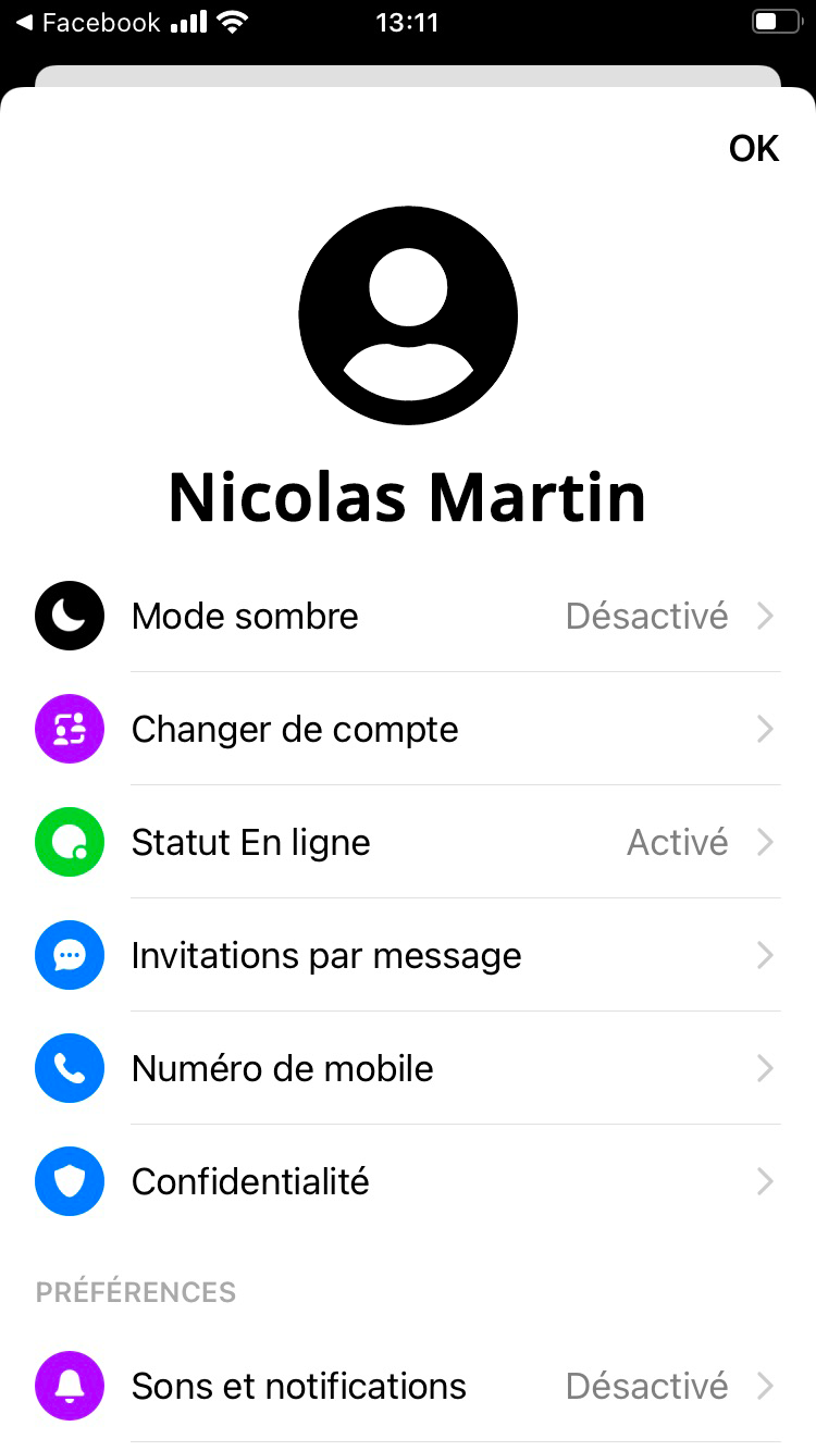 Paramètres Facebook Messenger