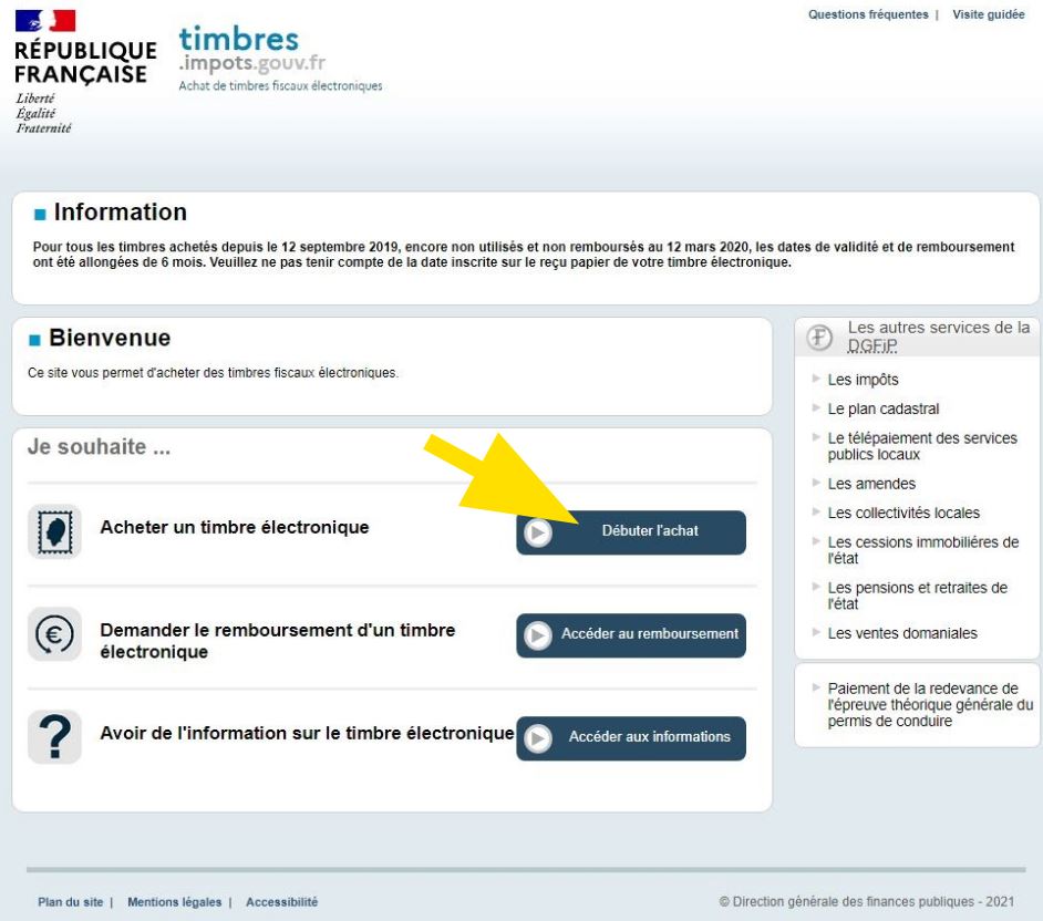 Bouton pour commencer l'achat du timbre fiscal en ligne