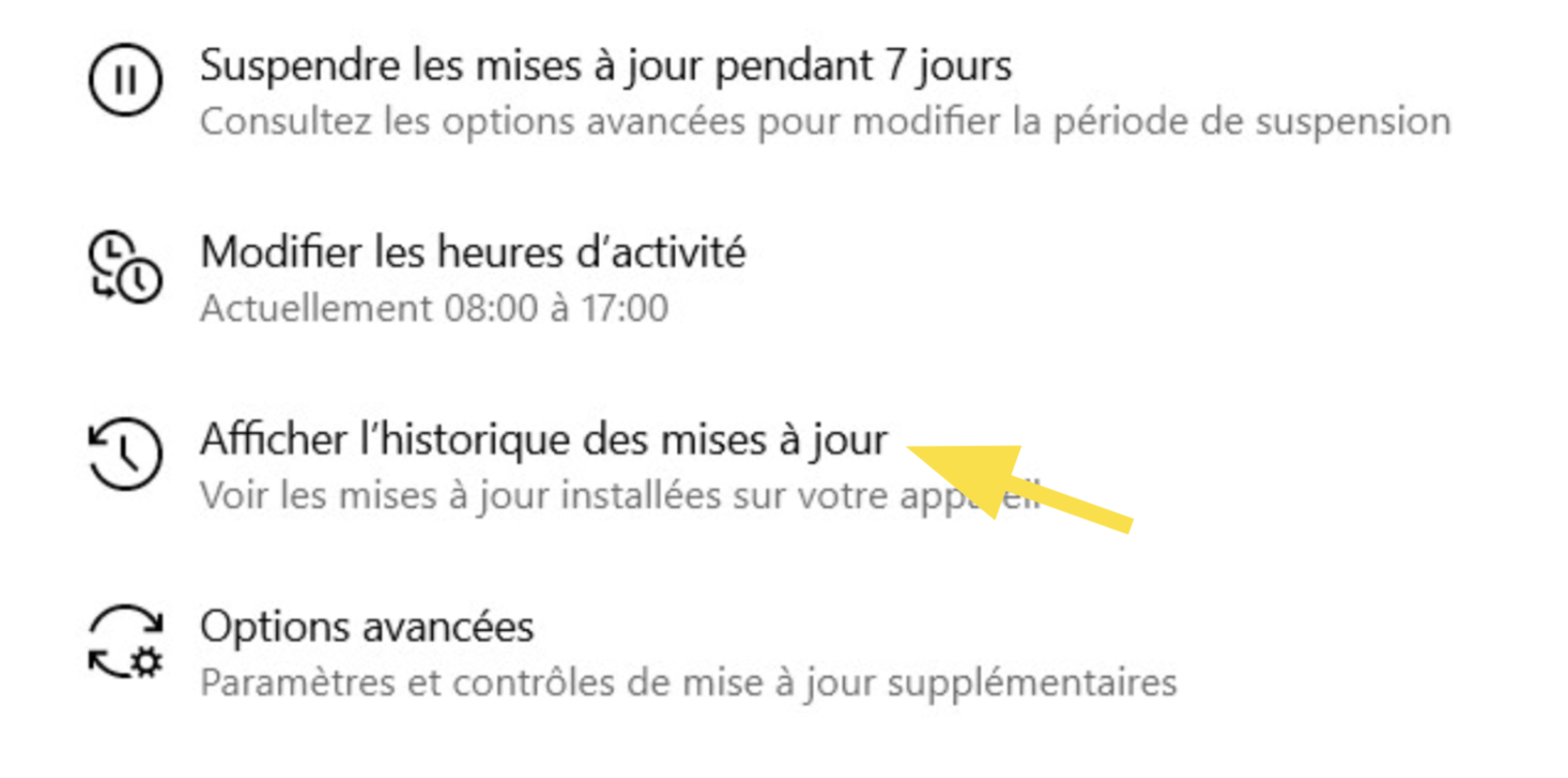 Cliquer sur affichez l'historique des mises à jour